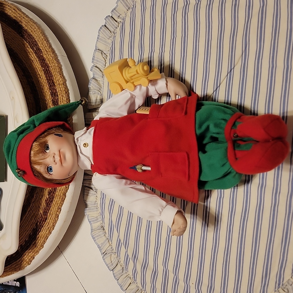 Vtg Santas Lil' Helper Porcelain Elf Doll red white green elf 2004 15"